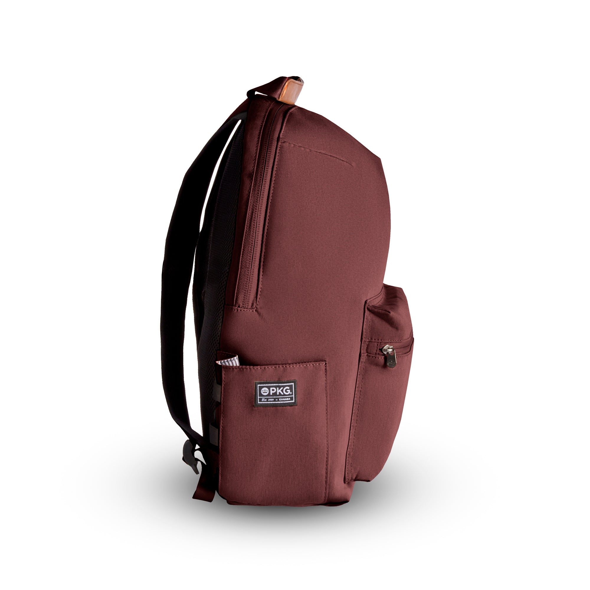 Granville recycled backpack (rum raisin) side view showing water bottle pocket