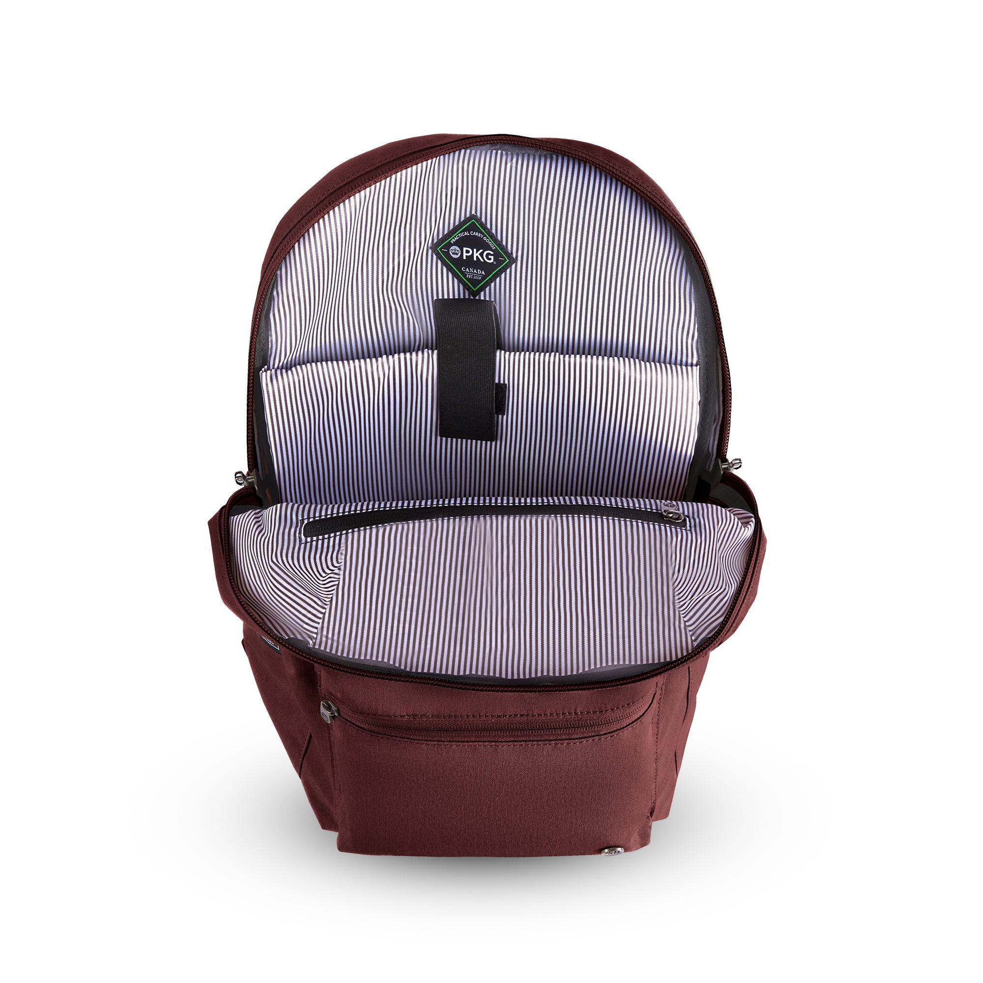 Granville recycled backpack (rum raisin) open main compartment showing laptop pocket