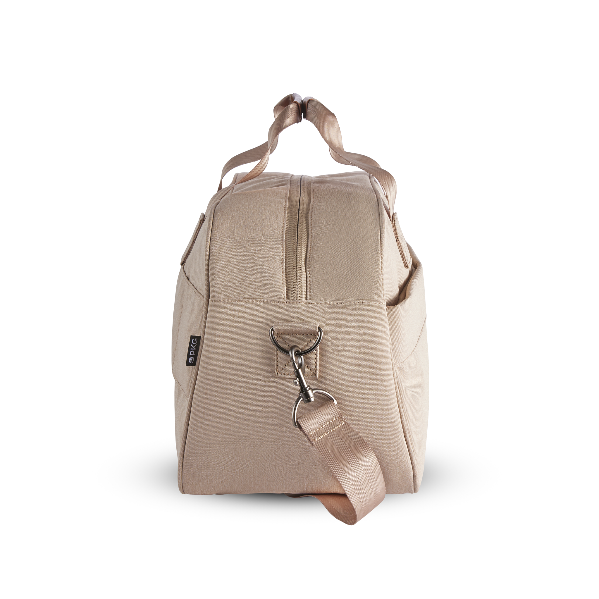 PKG Westmount 26L Recycled Duffle Bag (ginger root) side view showing d-ring connected to detachable shoulder strap