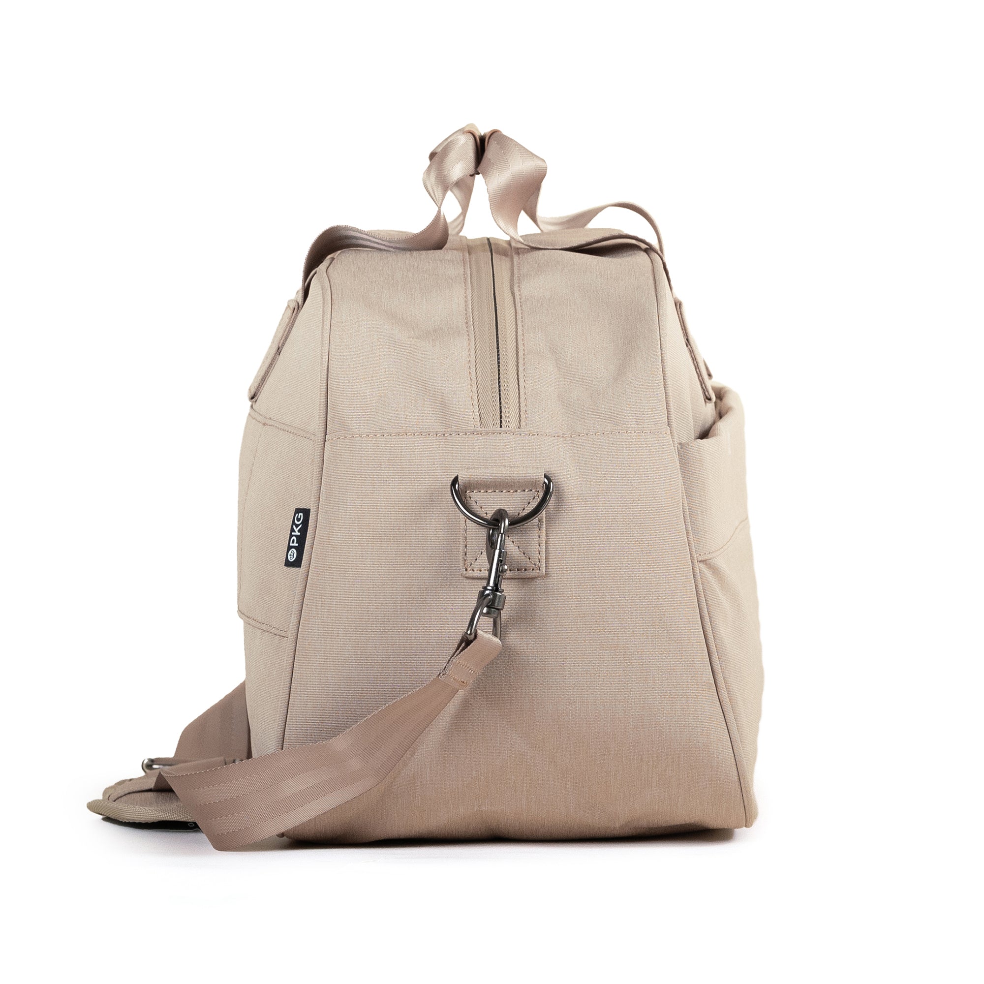 PKG Westmount 26L Recycled Duffle Bag (ginger root) side view showing d-ring connected to detachable shoulder strap