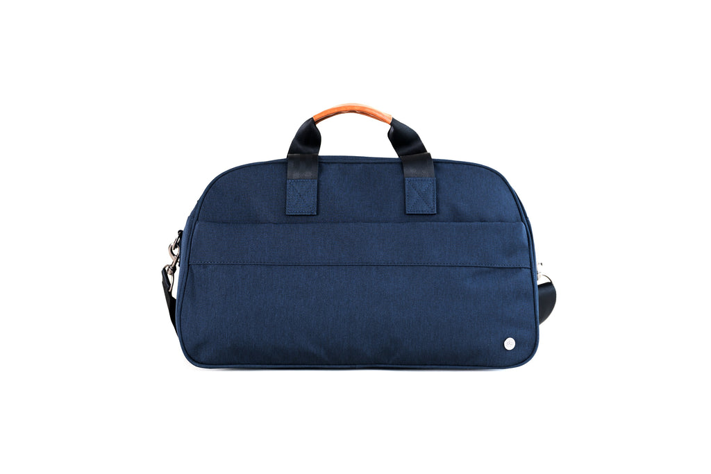 PKG Westmount 26L Recycled Duffle Bag (navy) back view showing external pocket