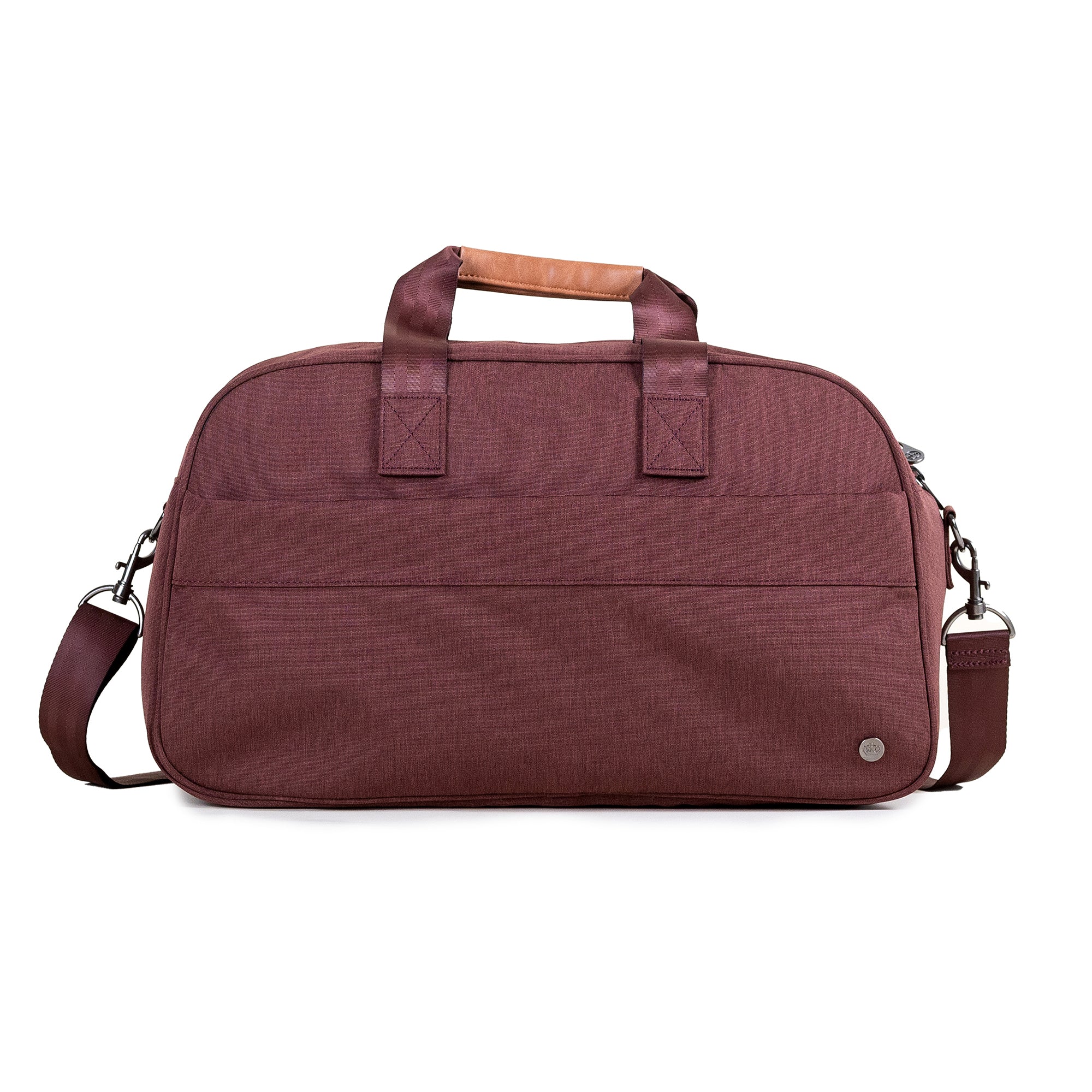 PKG Westmount 26L Recycled Duffle Bag (rum raisin) back view showing external pocket