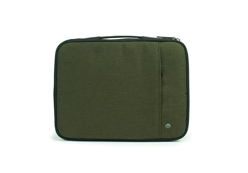 PKG Stuff Recycled Laptop Sleeve (evergreen) back view showing outer pocket for additional storage