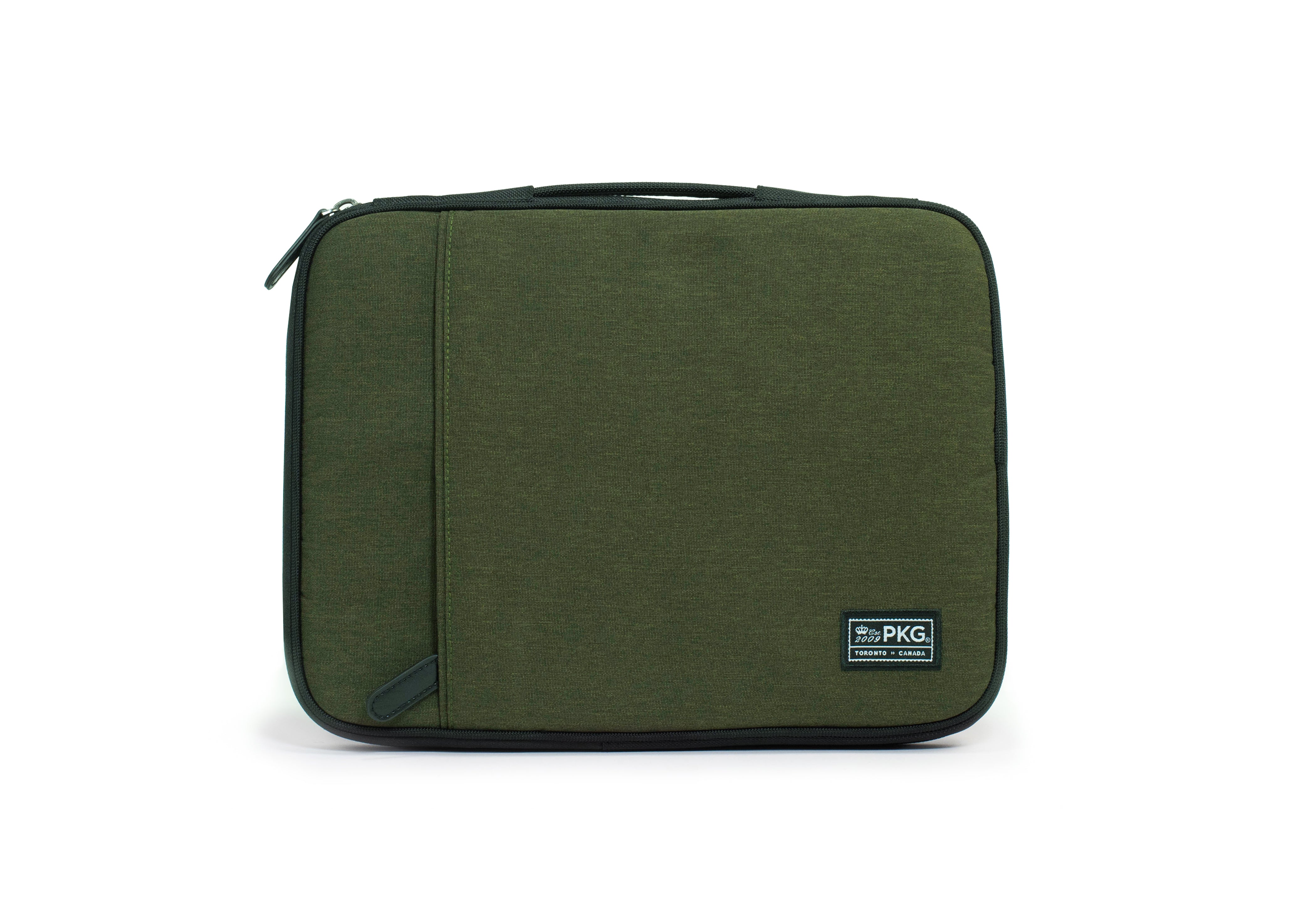 PKG Stuff Recycled Laptop Sleeve (evergreen) front view showing outer pocket for additional storage