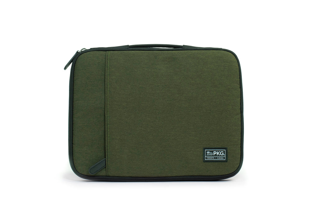 PKG Stuff Recycled Laptop Sleeve (evergreen)  front view showing outer pocket for additional storage