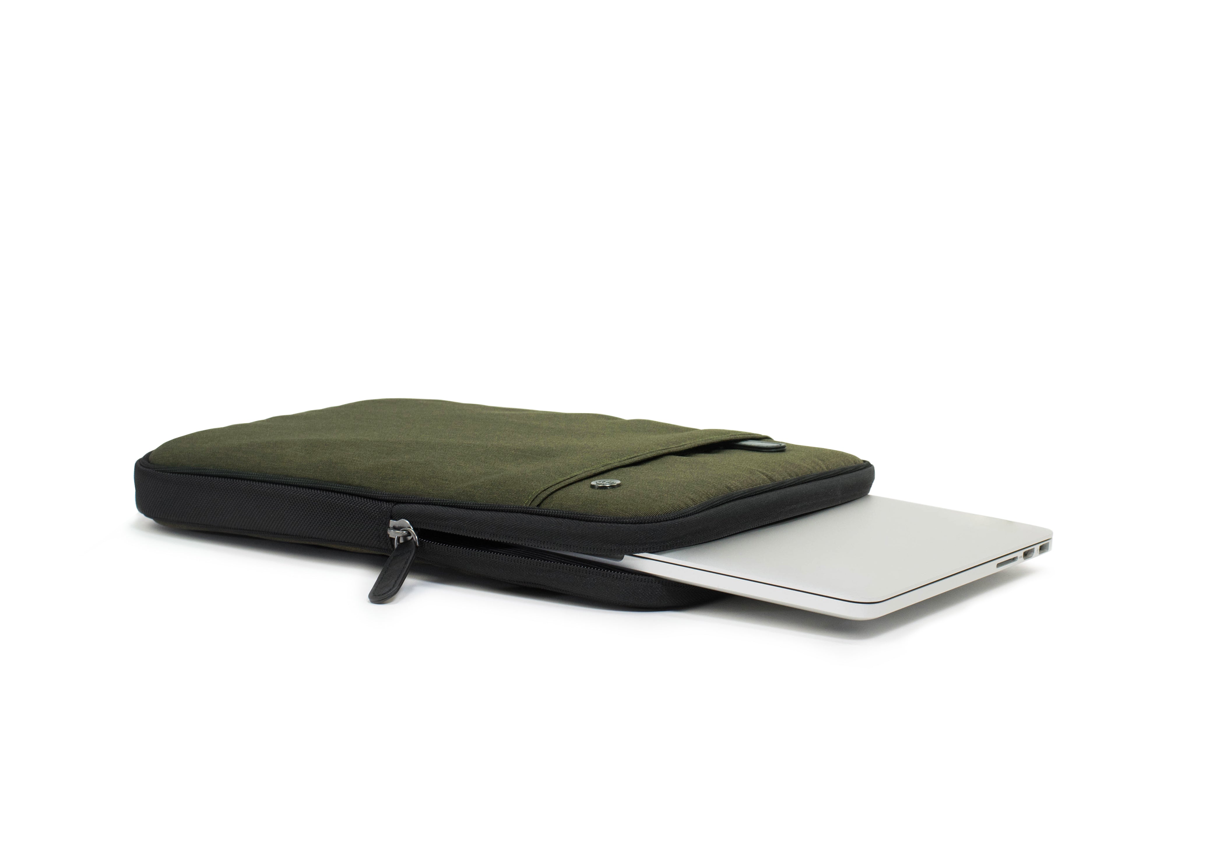 PKG Stuff Recycled Laptop Sleeve (evergreen) shown with laptop inserted into main compartment