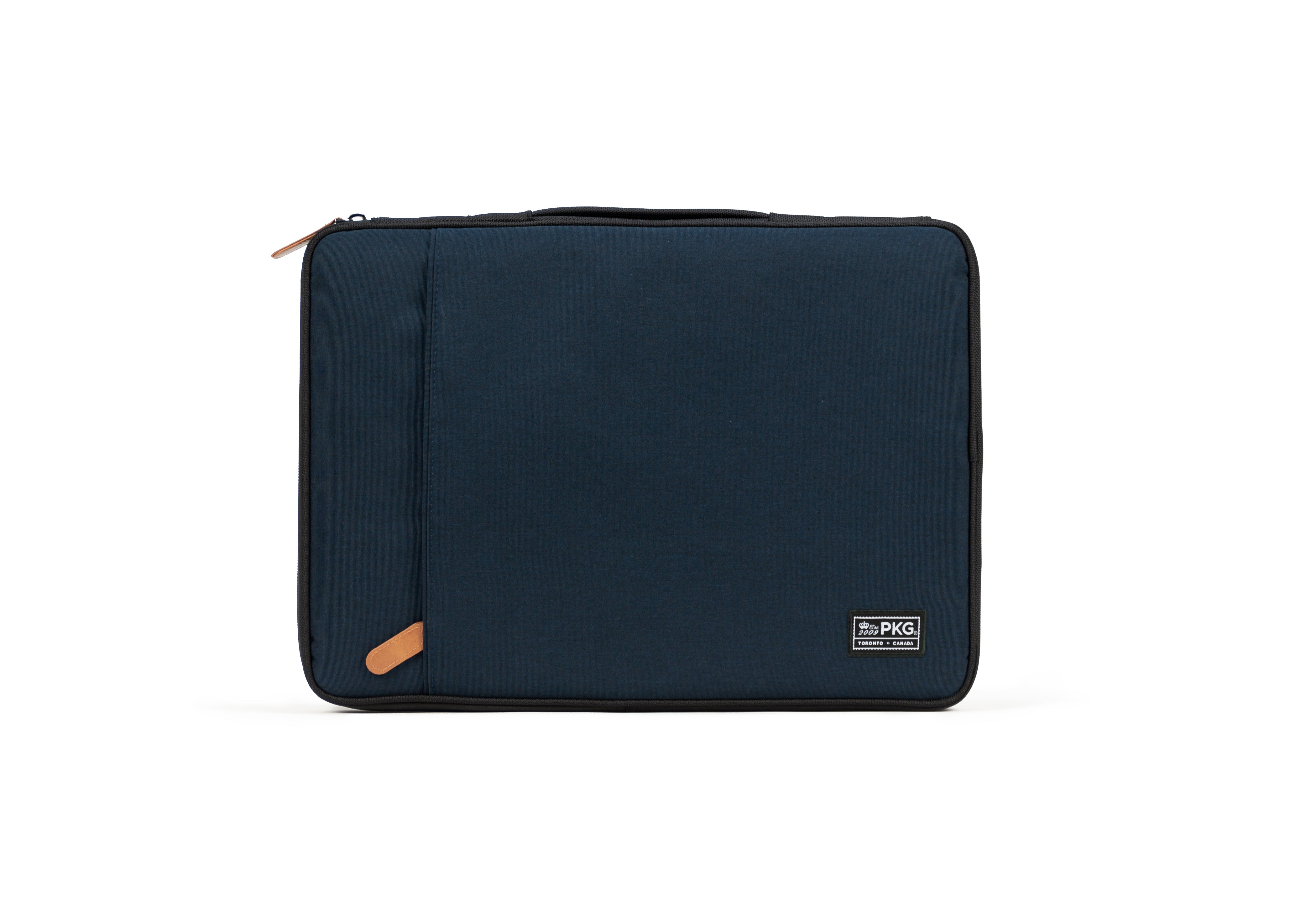 PKG Stuff Recycled Laptop Sleeve (navy) front view showing outer pocket for additional storage