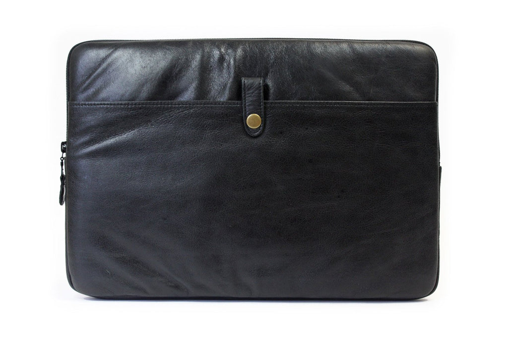 PKG Skinny Leather Sleeve 15" (black) back view showing pocket for valuables