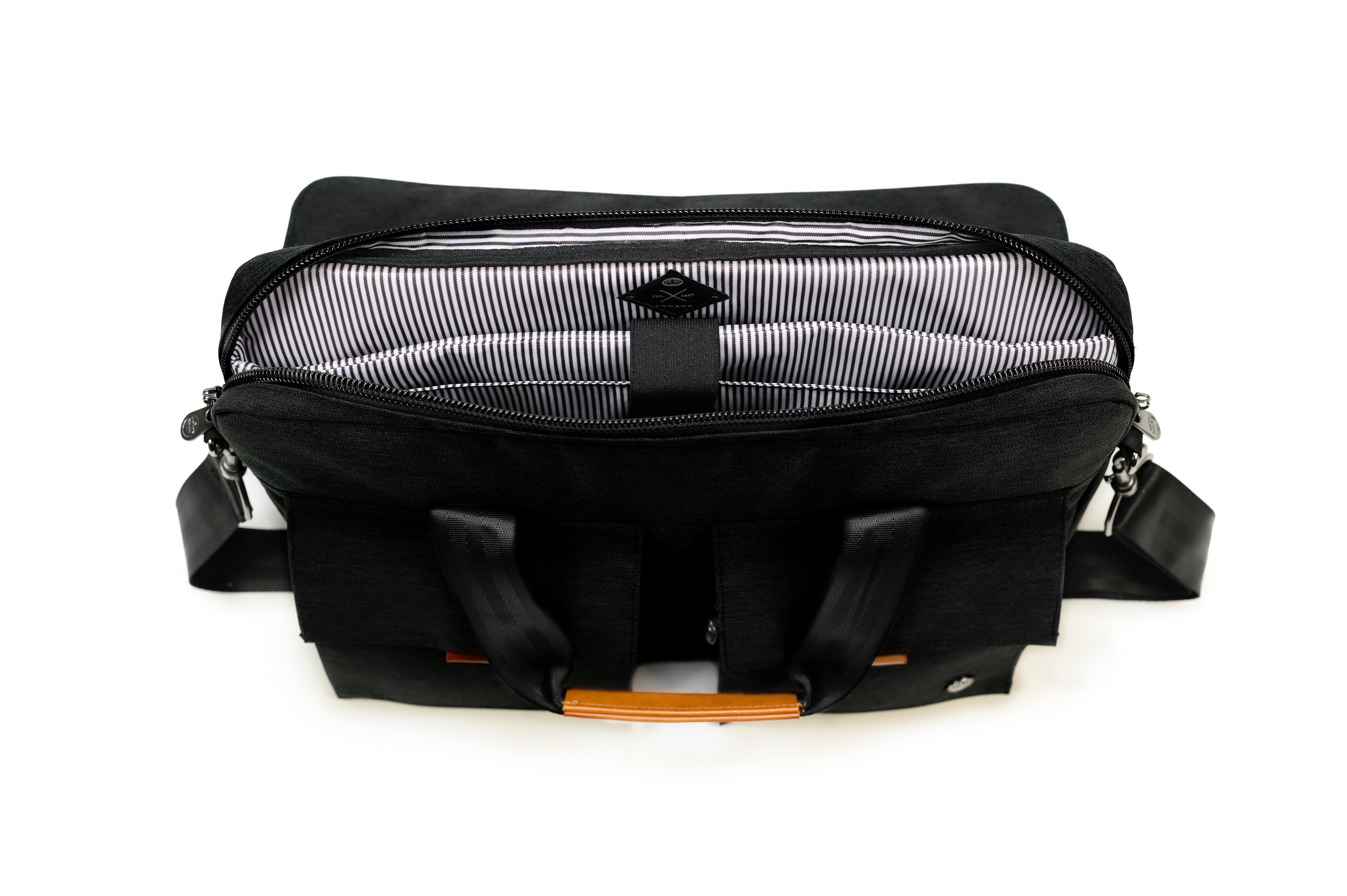 PKG Richmond 10L Messenger (black) top open view, showing dedicated laptop compartment and file storage