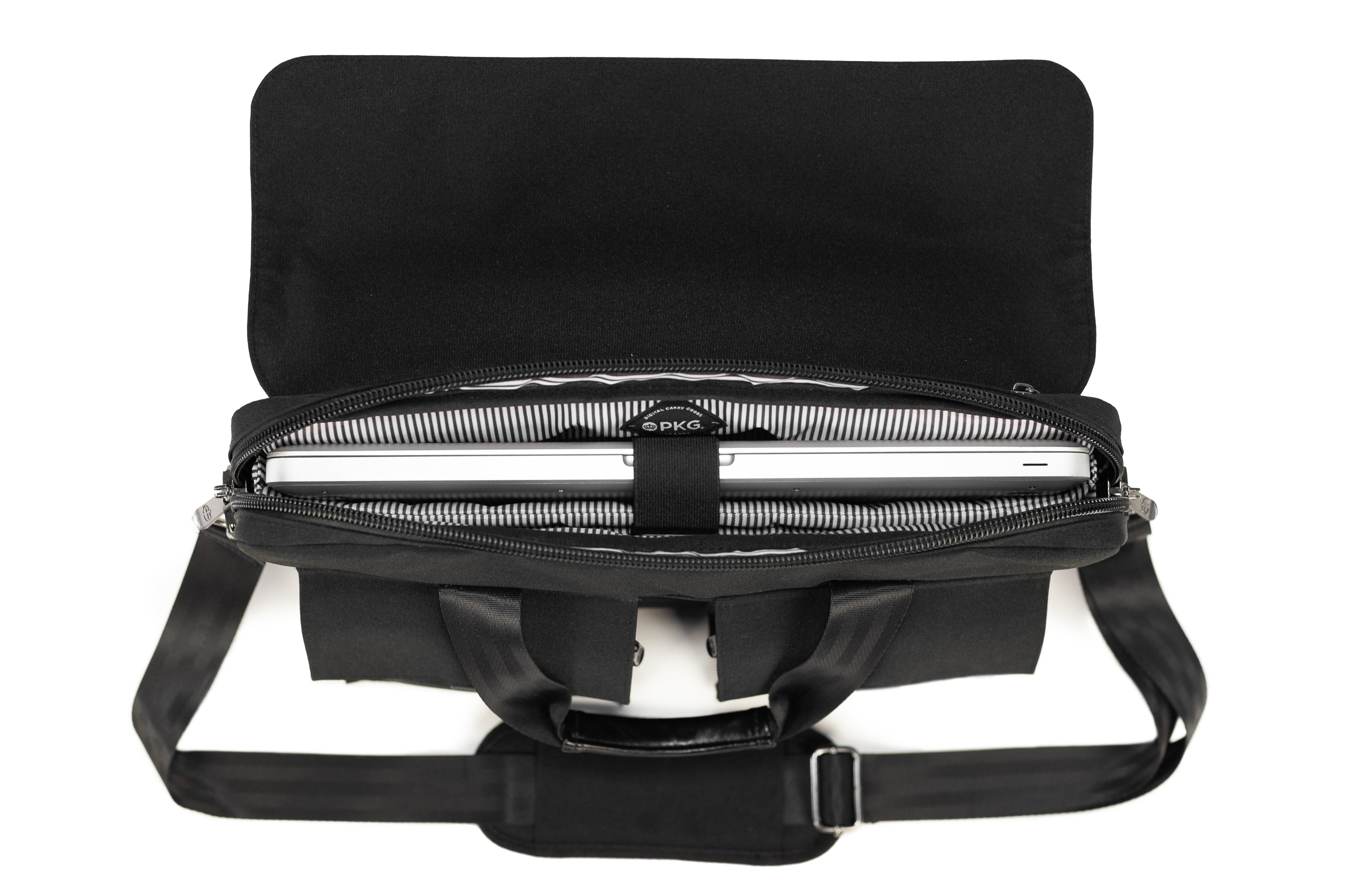 PKG Richmond 10L Messenger (black) top open view, showing dedicated laptop compartment and file storage