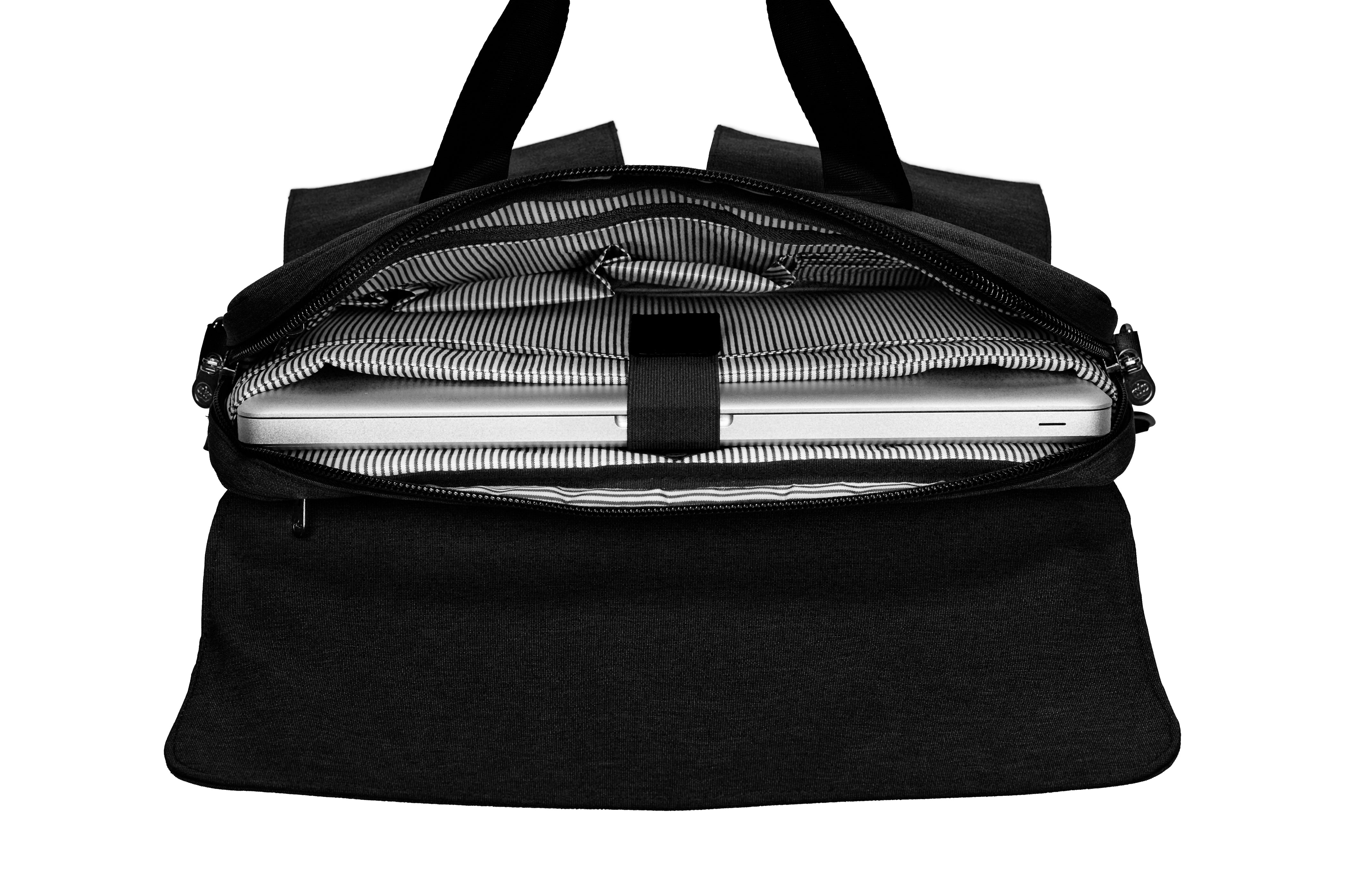 PKG Richmond 10L Messenger (black) top open view, showing dedicated laptop compartment and file storage