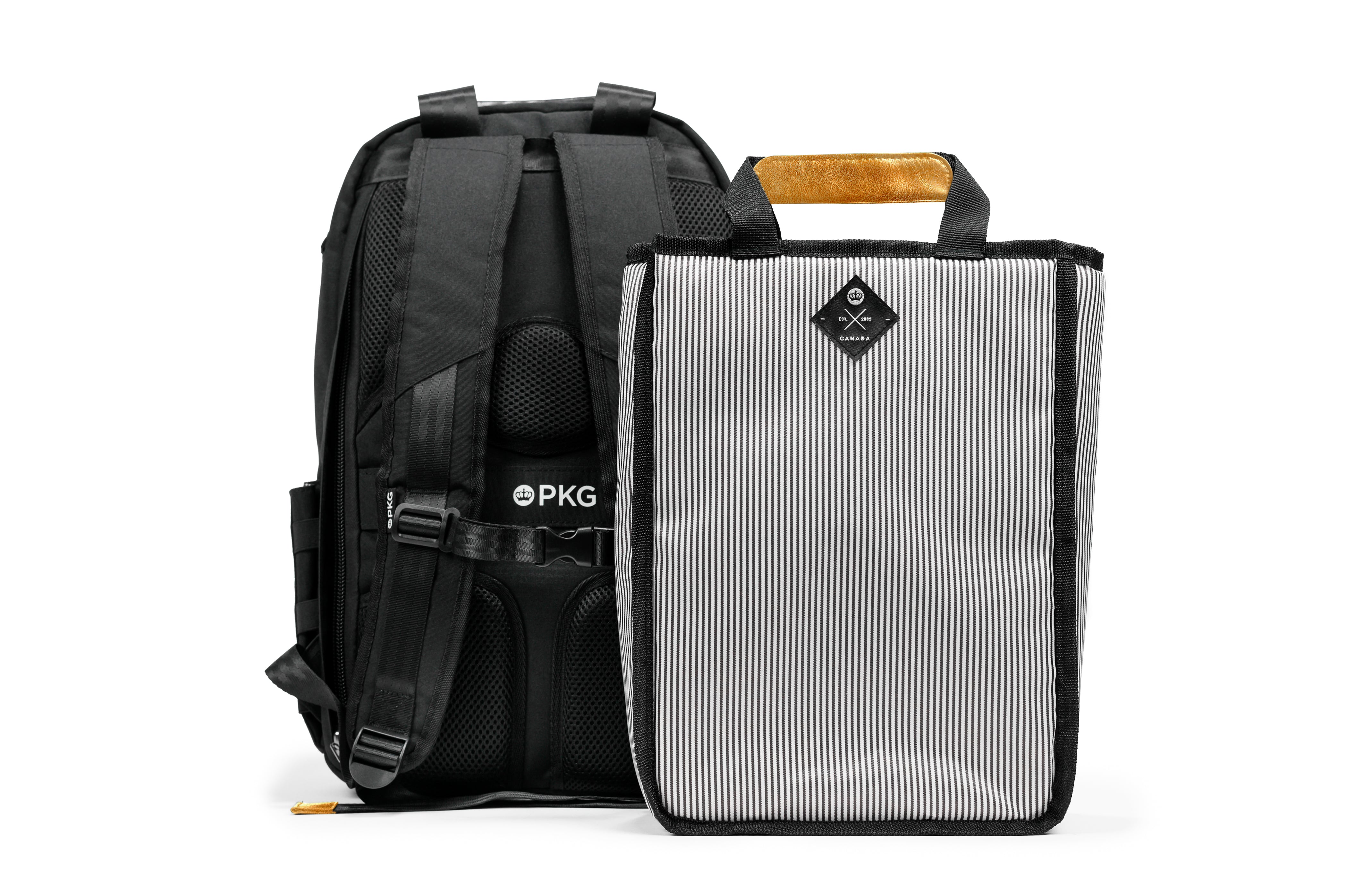 PKG Rosseau 19L Recycled Backpack Tote (black) beside removable insert for modular storage options