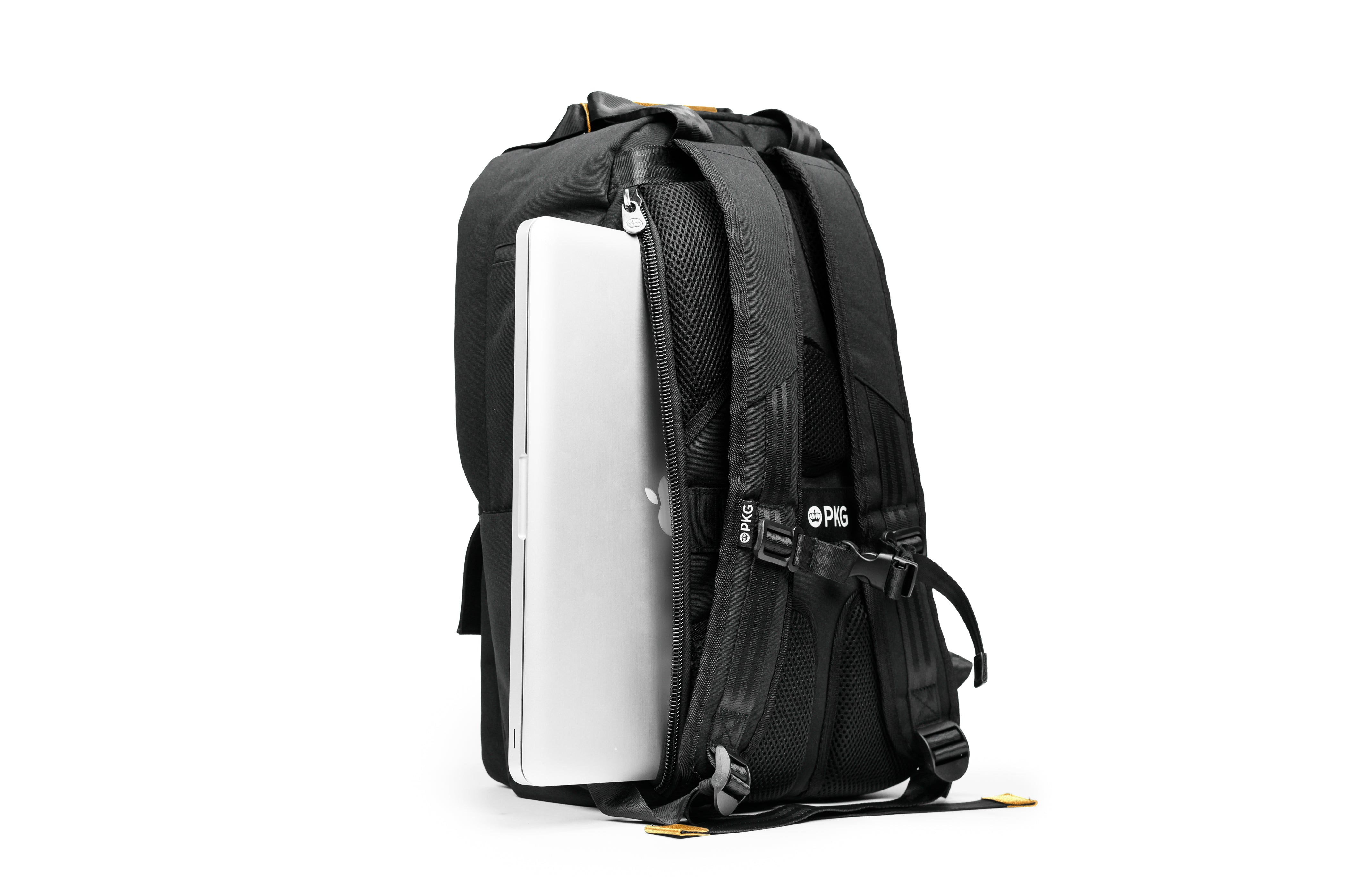 PKG Rosseau 19L Recycled Backpack Tote (black) back view showing laptop in dedicated laptop compartment