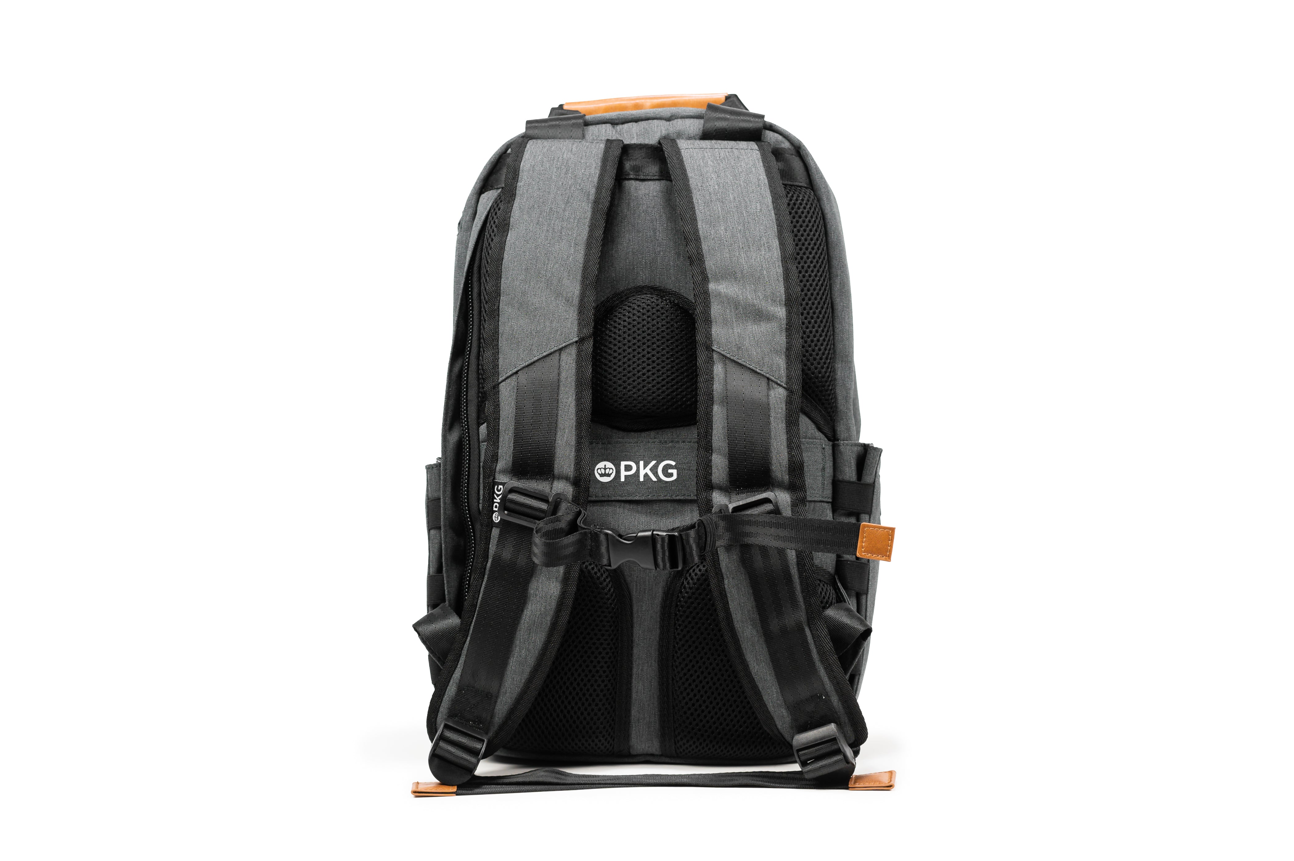 PKG Rosseau 19L Recycled Backpack Tote (grey) back view showing adjustable shoulder straps, trolley strap, and breathable padding for comfort