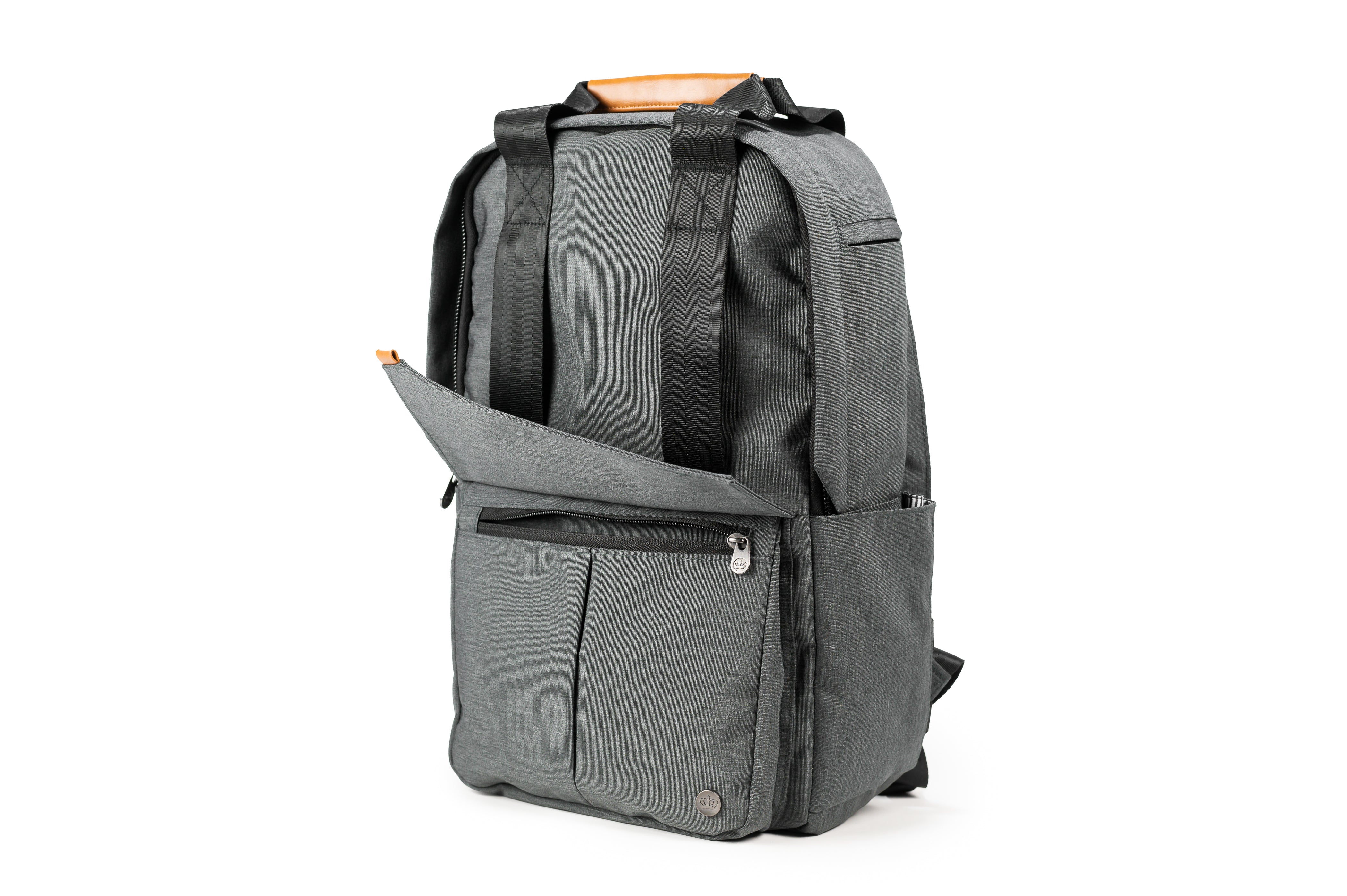 PKG Rosseau 19L Recycled Backpack Tote (grey) showing stylish front pocket open