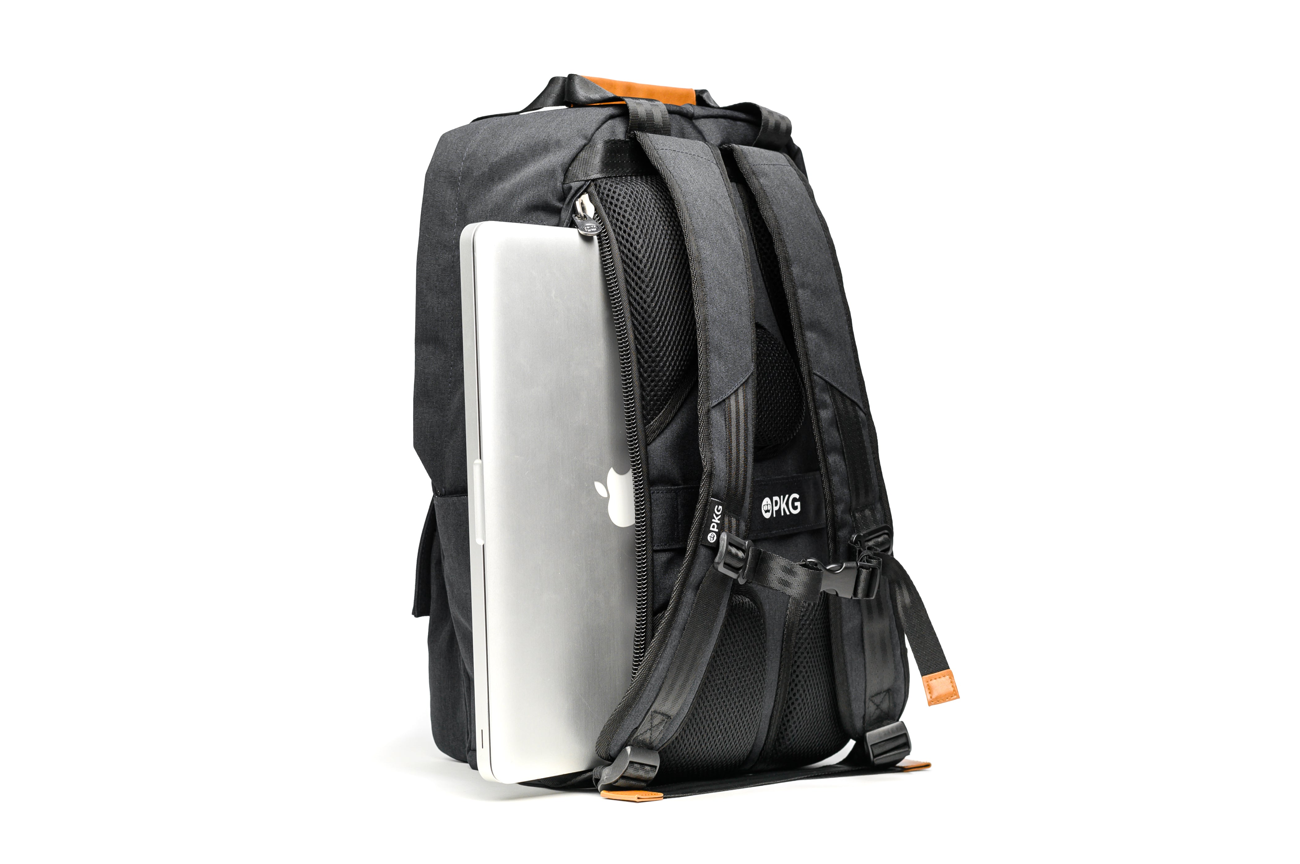 PKG Rosseau 19L Recycled Backpack Tote (grey) back view showing laptop in dedicated laptop compartment