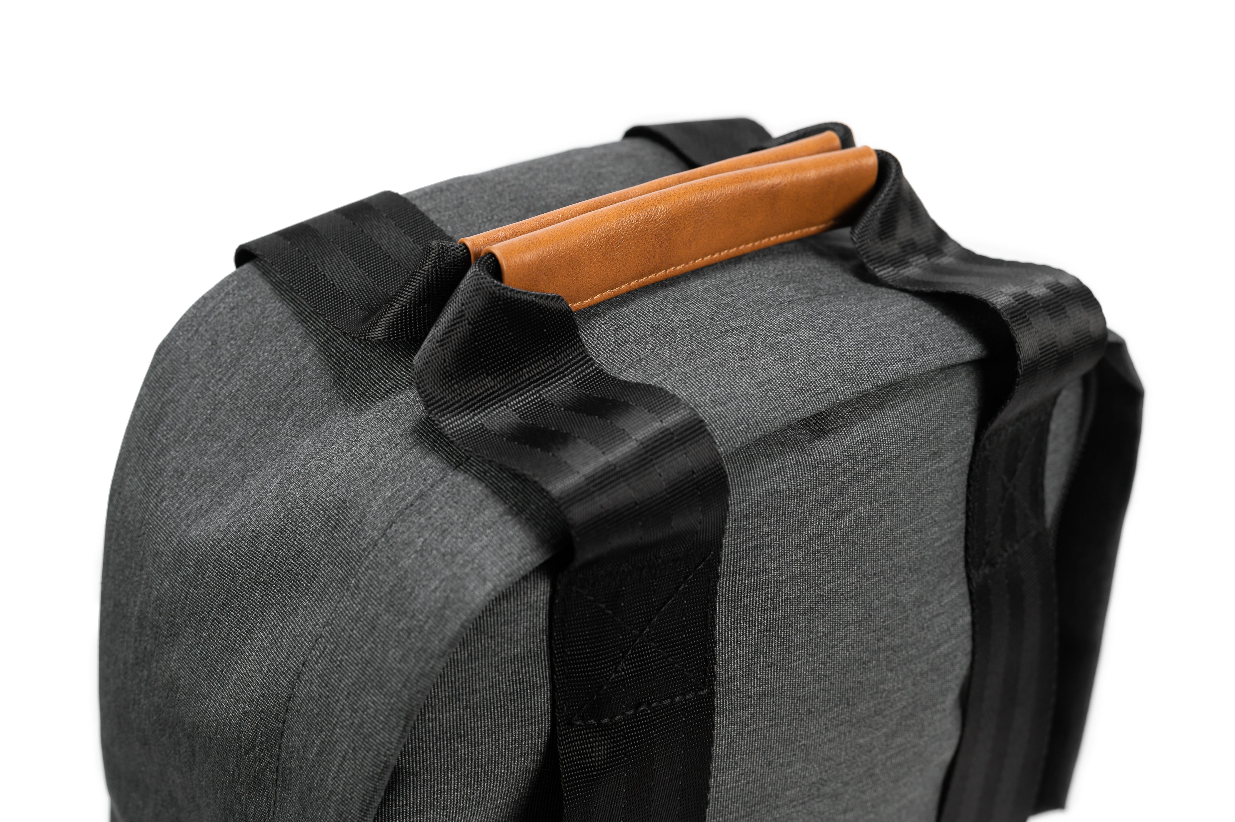 PKG Rosseau 19L Recycled Backpack Tote (grey) detailed top view of vegan leather magnetic tote handles for aesthetic and functionality