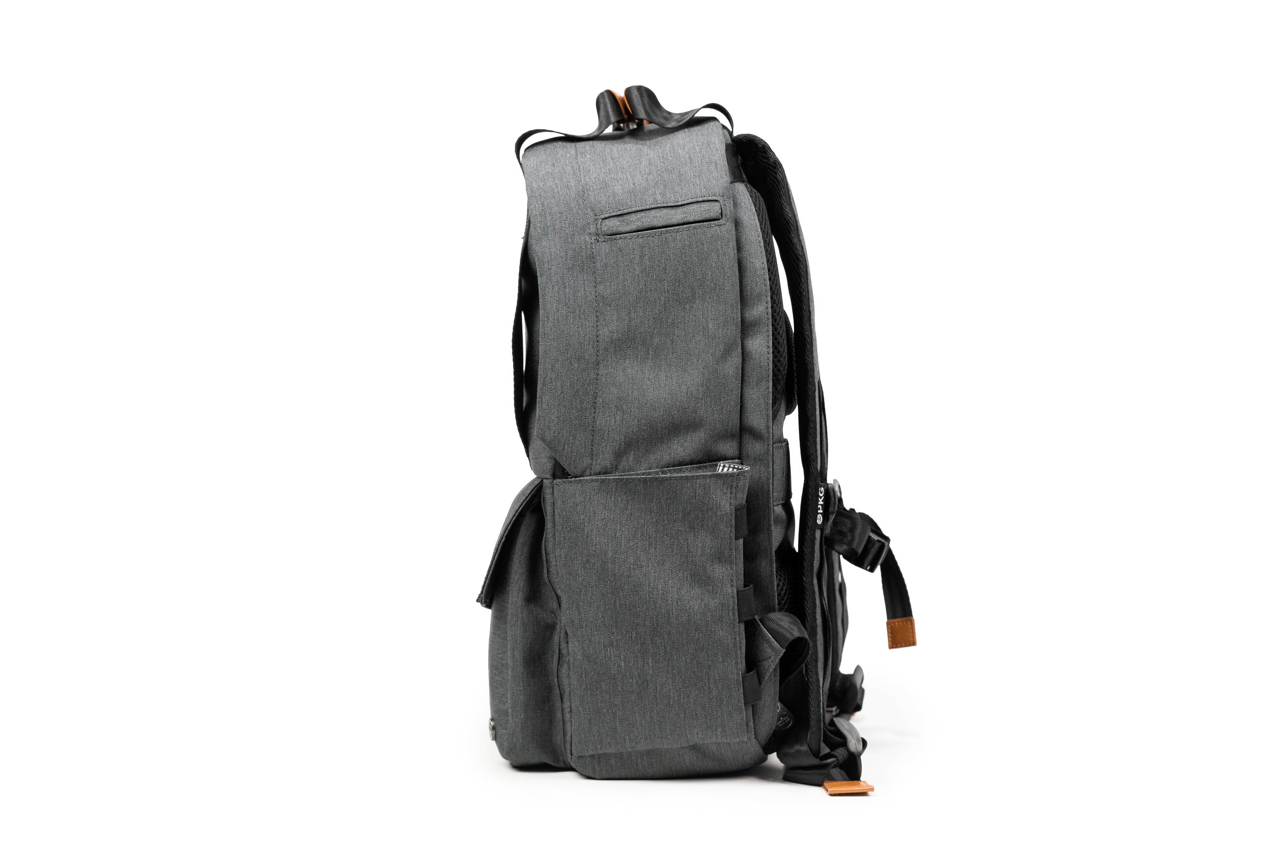 PKG Rosseau 19L Recycled Backpack Tote (grey) side view showing water bottle pocket