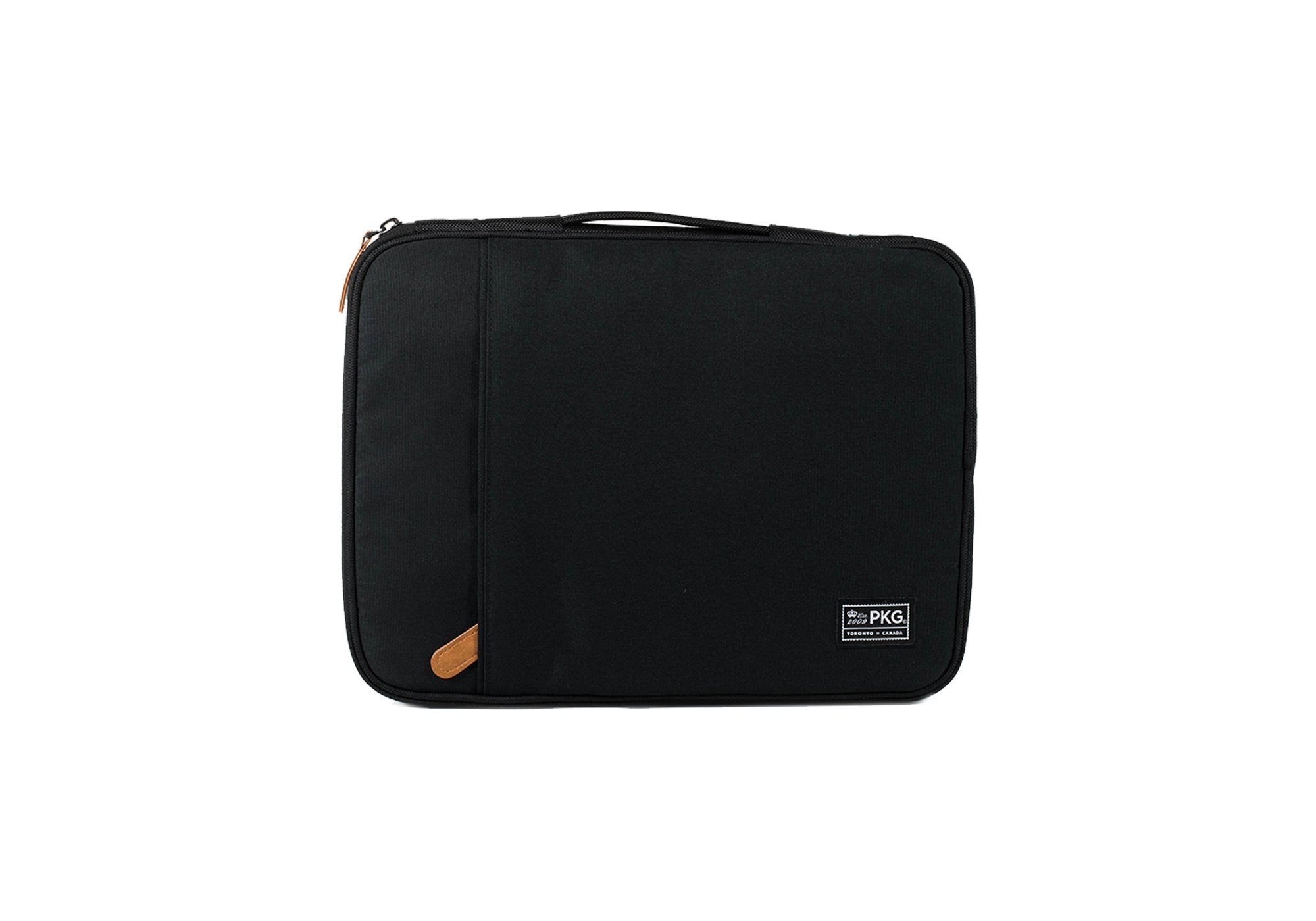 PKG Stuff Recycled Laptop Sleeve (black) front view showing outer pocket for additional storage