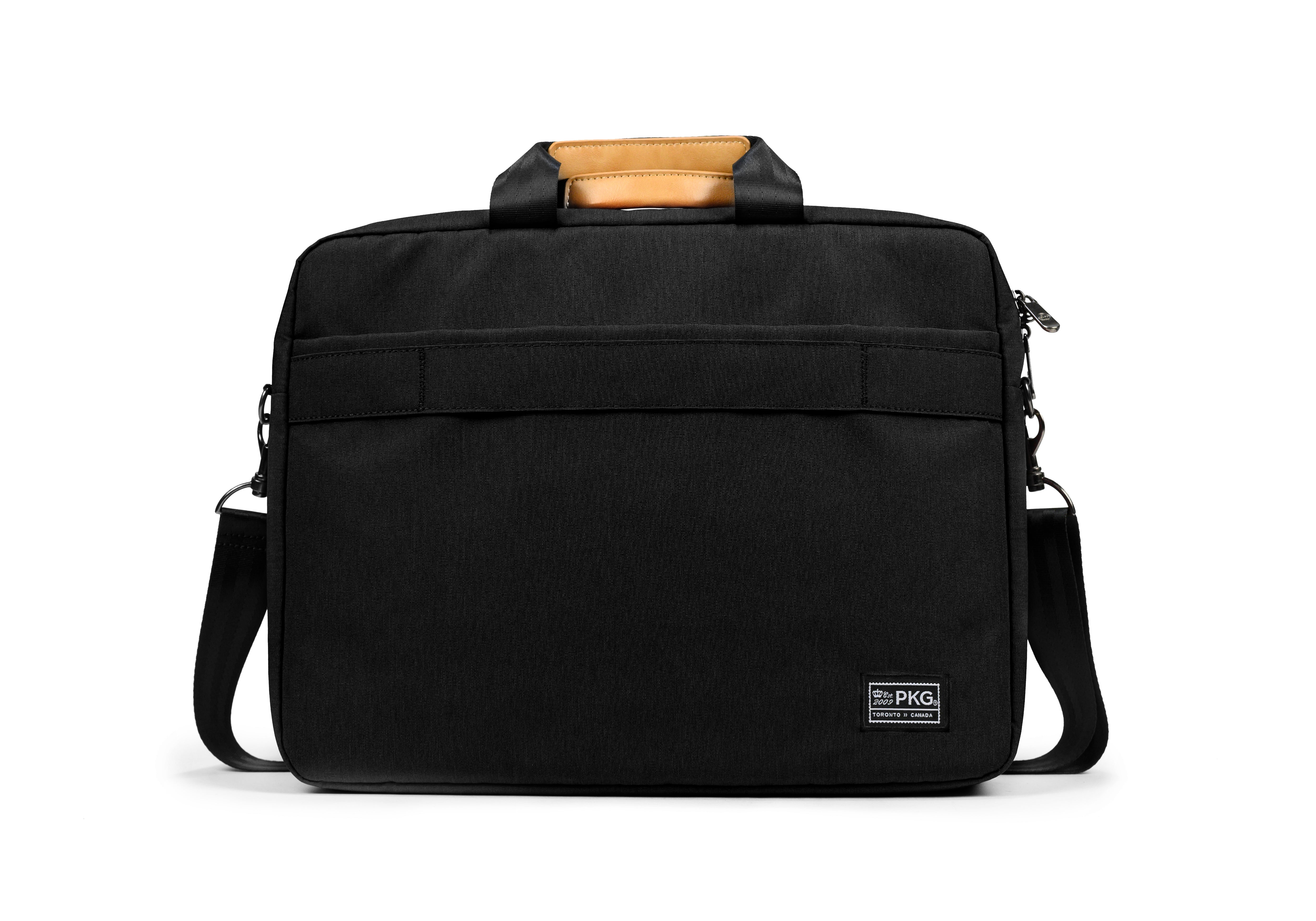 PKG Spadina 10L Messenger Bag (black) back view showing trolley strap