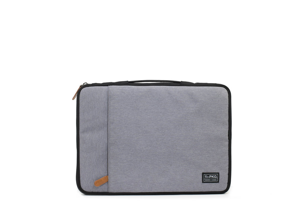 PKG Stuff Recycled Laptop Sleeve (light grey)  front view showing outer pocket for additional storage