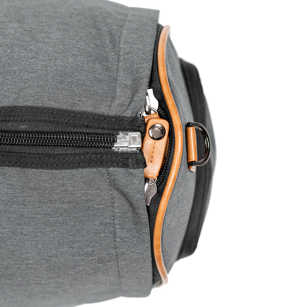 PKG Bishop 42L Recycled Duffle Bag (grey) top view showing zipper lock