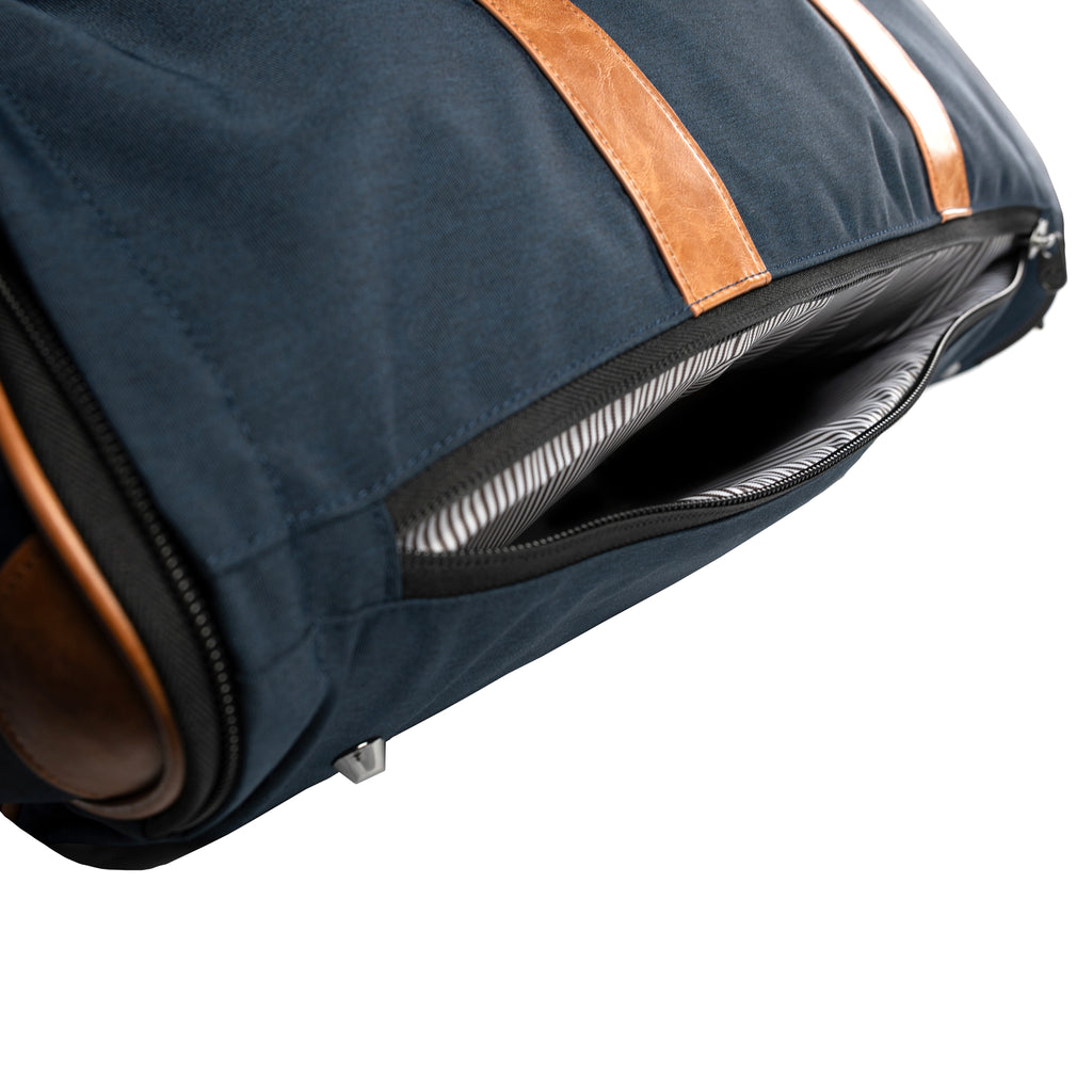 PKG Bishop 42L Recycled Duffle Bag (navy) detailed view of open laptop compartment