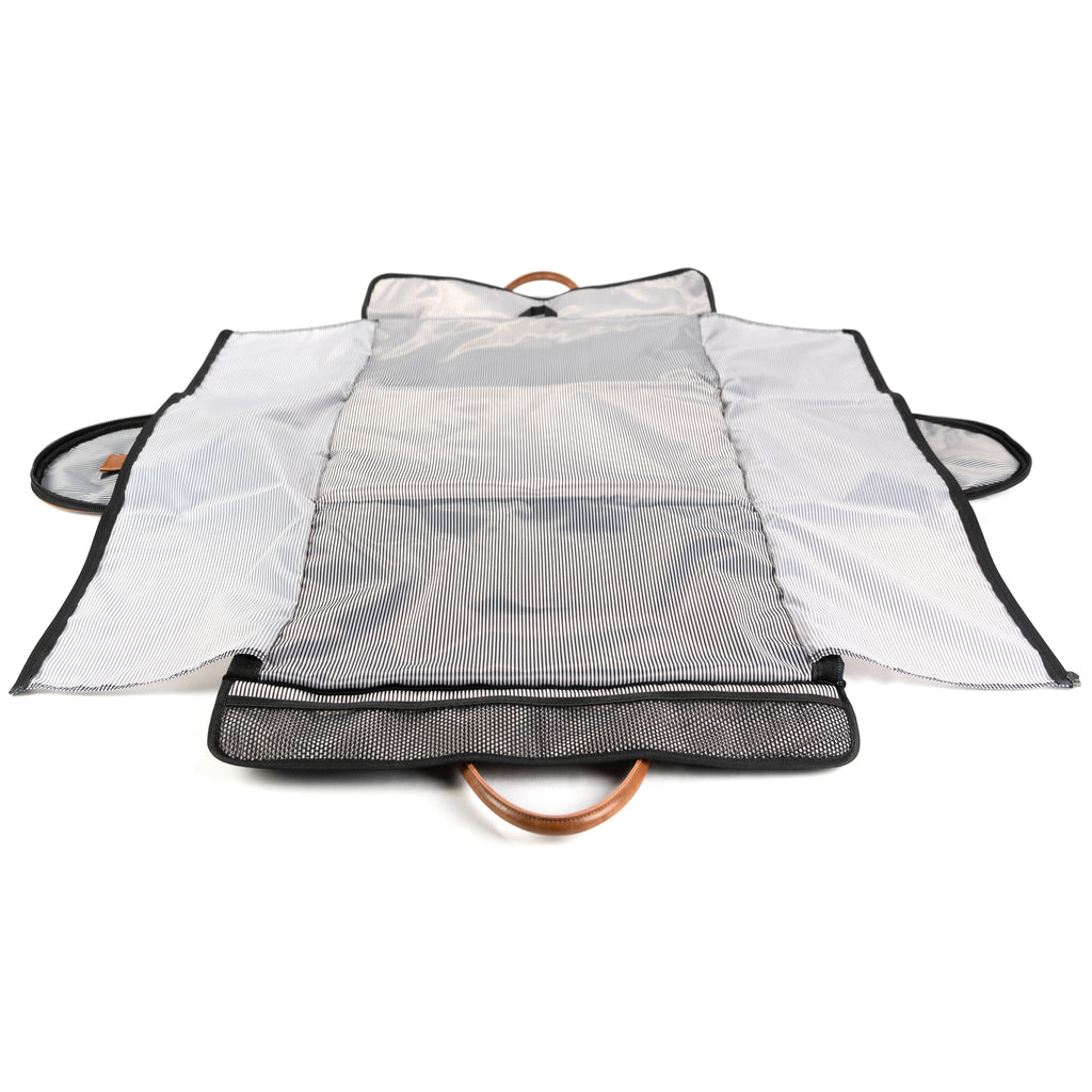 PKG Bishop 42L Recycled Duffle Bag  showing inside opened duffel, revealing storage compartments 