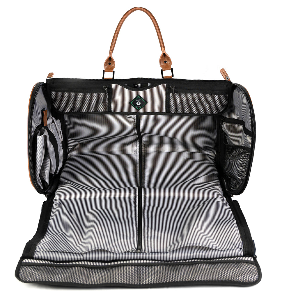 PKG Bishop 42L Recycled Duffle Bag  showing inside opened duffel, revealing storage compartments