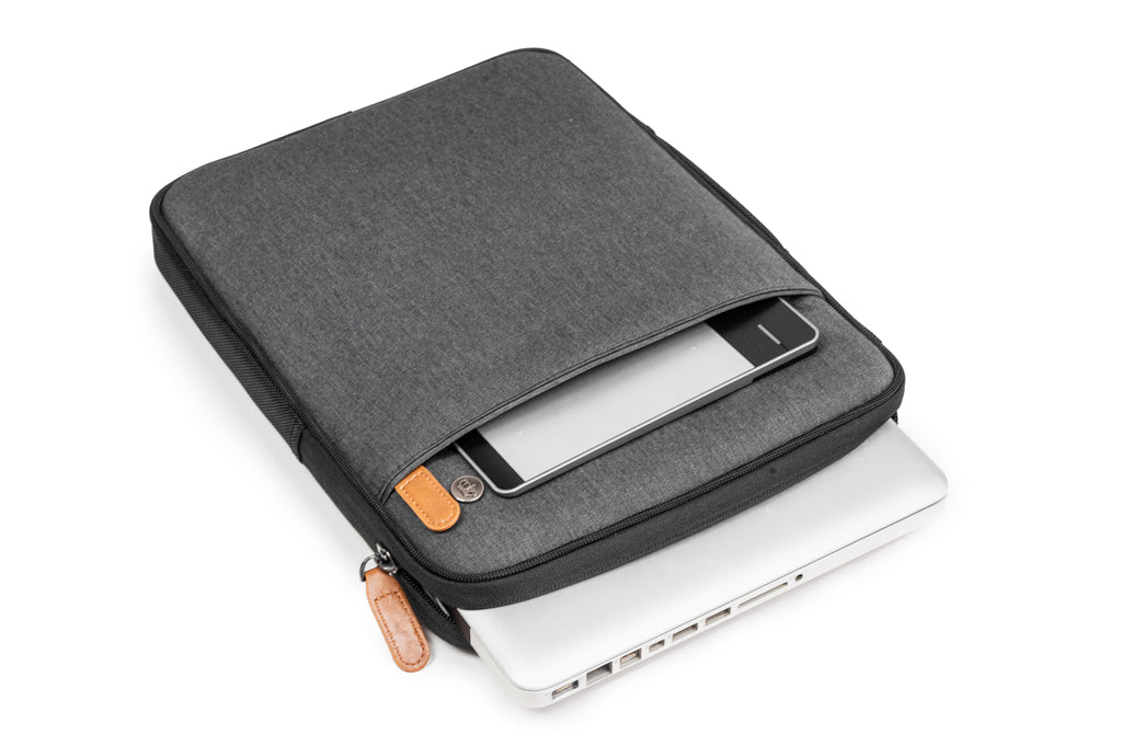 PKG Stuff Recycled Laptop Sleeve (dark grey) shown with laptop inserted into main compartment