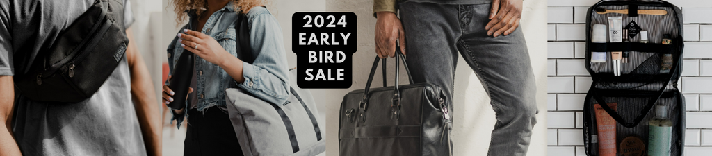 2024 Early Bird Sale banner showing multiple lifestyle photos of people using PKG bags