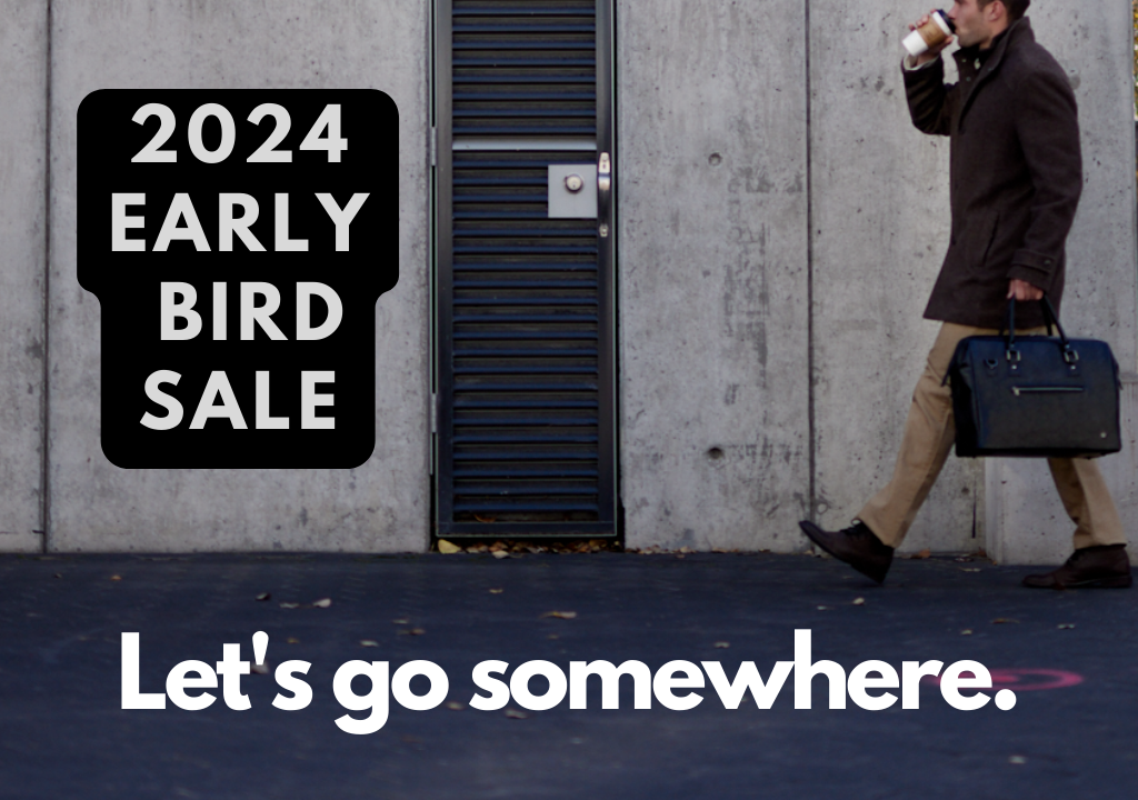2024 Early Bird Sale banner showing man walking with PKG bag with the header "Let's go somewhere"