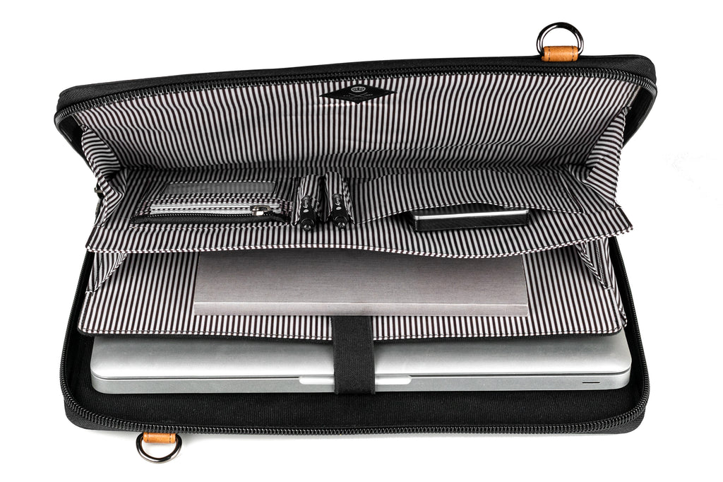 PKG Wellington 10L Messenger (black) top view showing accordion style file slots with built in organization for office equipment and laptop