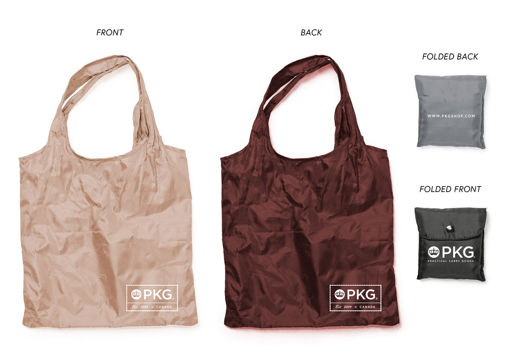 PKG Market Recycled Foldable Tote Bag, showing all sides folded and open
