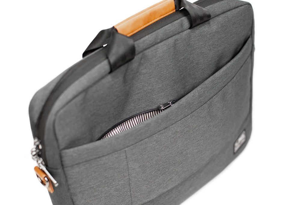 PKG Annex recycled messenger shoulder bag (dark grey) back view showing hidden pocket for passports and other valuables
