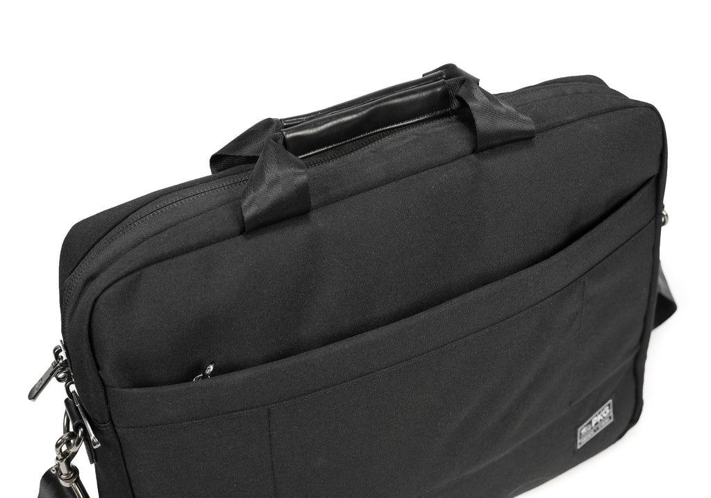 PKG Annex recycled messenger shoulder bag (blackout), view of back pocket and handle