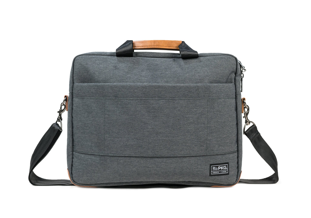 PKG Annex recycled messenger shoulder bag (dark grey) back view showing trolley strap