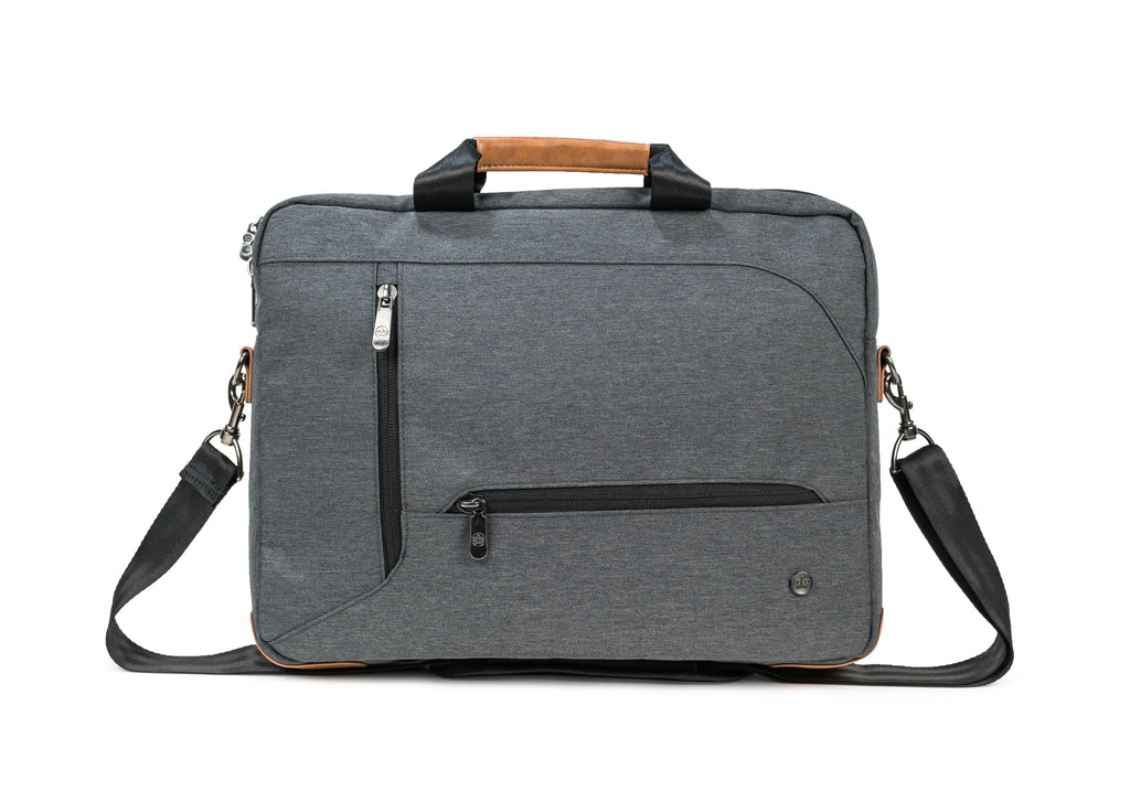 PKG Annex recycled messenger shoulder bag (dark grey) front view showing zipper design