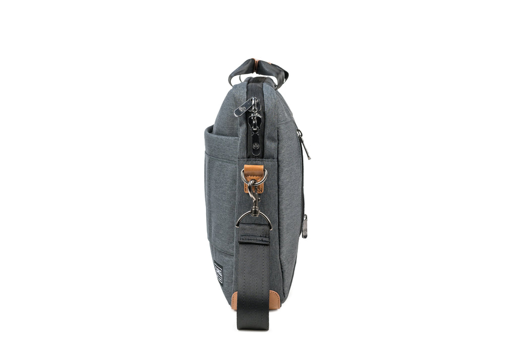 PKG Annex recycled messenger shoulder bag (dark grey) side view showing shoulder strap