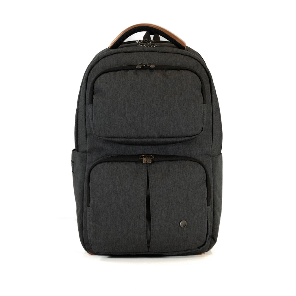 PKG Aurora recycled backpack (grey) front view showing accessory pockets