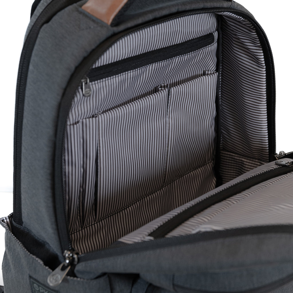 PKG Aurora recycled backpack (grey) showing organization pockets for office equipment
