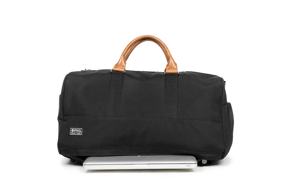 PKG Bishop 42L recycled duffle bag (black) front view showing padded laptop compartment
