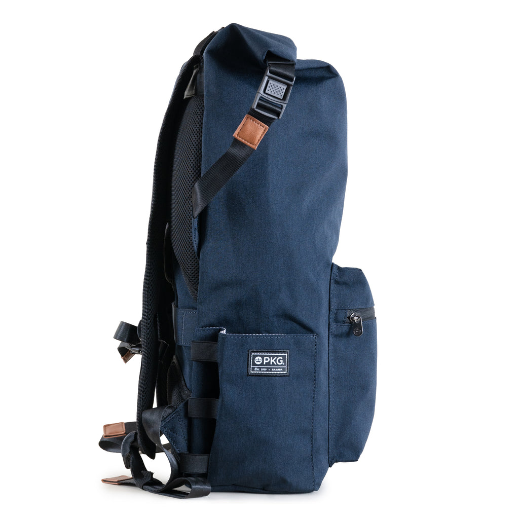 Dawson 28L Roll-Top recycled backpack (navy) side view showing water bottle pocket and roll-top securing clip
