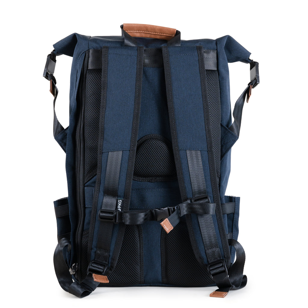 Dawson 28L Roll-Top recycled backpack (navy) back view showing adjustable shoulder straps and breathable padding