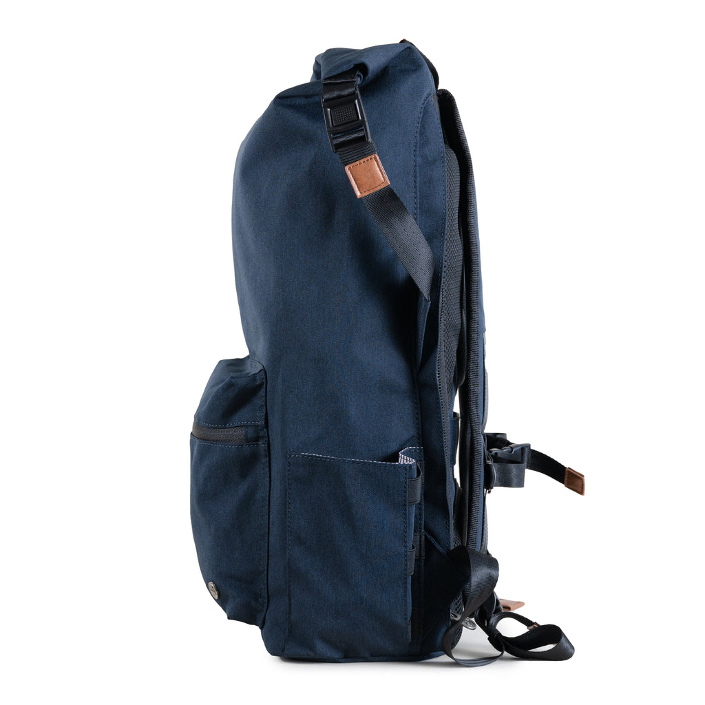Dawson 28L Roll-Top recycled backpack (navy) side view showing water bottle pocket and roll-top securing clip