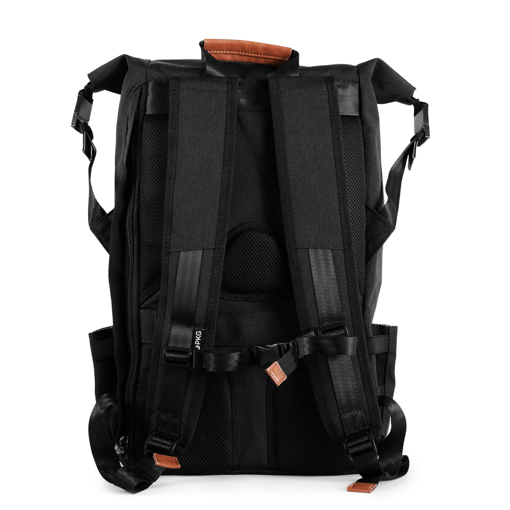 Dawson 28L Roll-Top recycled backpack (black) back view showing adjustable shoulder straps and breathable padding