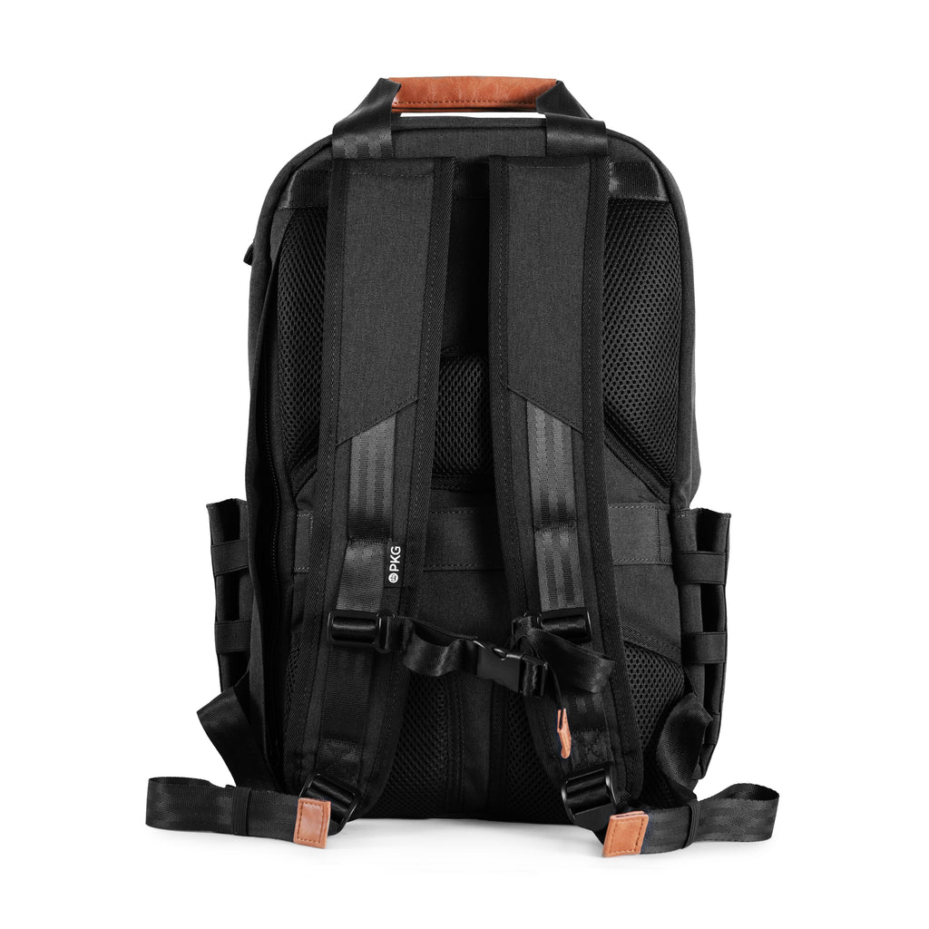 PKG Rosseau 19L Recycled Backpack Tote (black) back view showing adjustable shoulder straps, trolley strap, and breathable padding for comfort