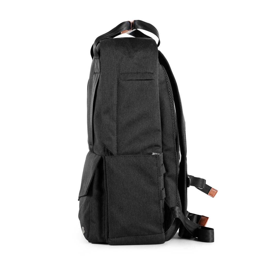 PKG Rosseau 19L Recycled Backpack Tote (black) side view showing water bottle pocket