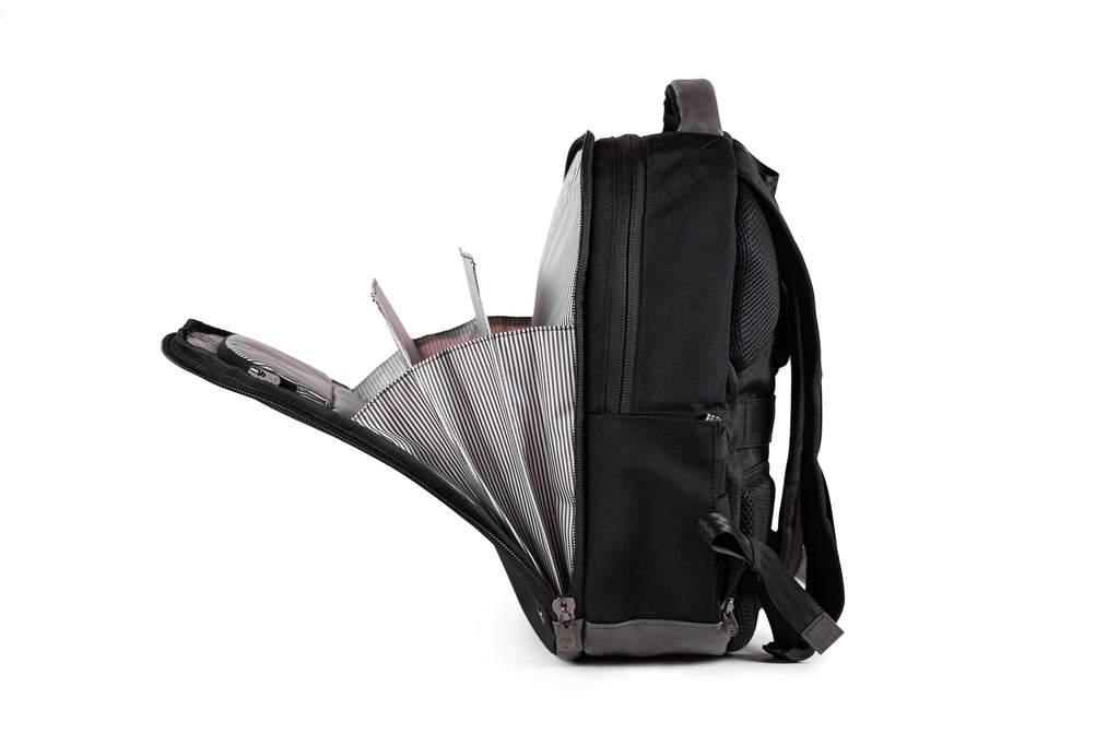 PKG Durham Commuter 17L recycled backpack (black) side view open, showing accordion style file organization