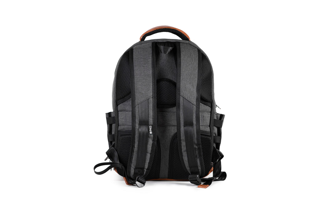 PKG Durham Commuter 17L recycled backpack (dark grey) back view showing adjustable straps and breathable padding